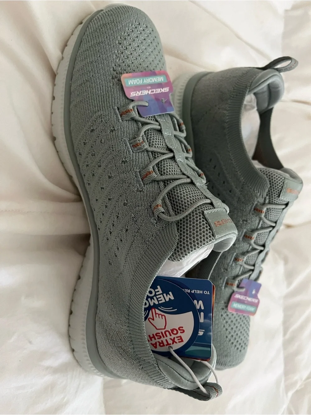 Brand New Skechers Knit Slip-On Sneakers in Sage, Virtue Copper Dream